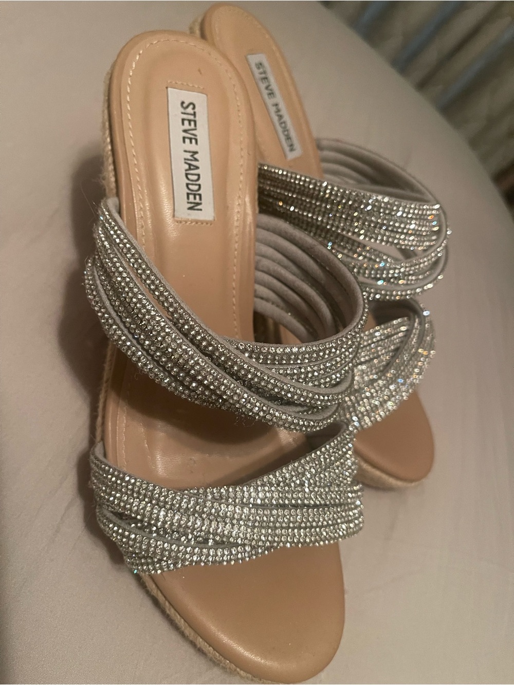 Steve Madden Women's Rhinestone Slip-On Sandal wedge in Silver